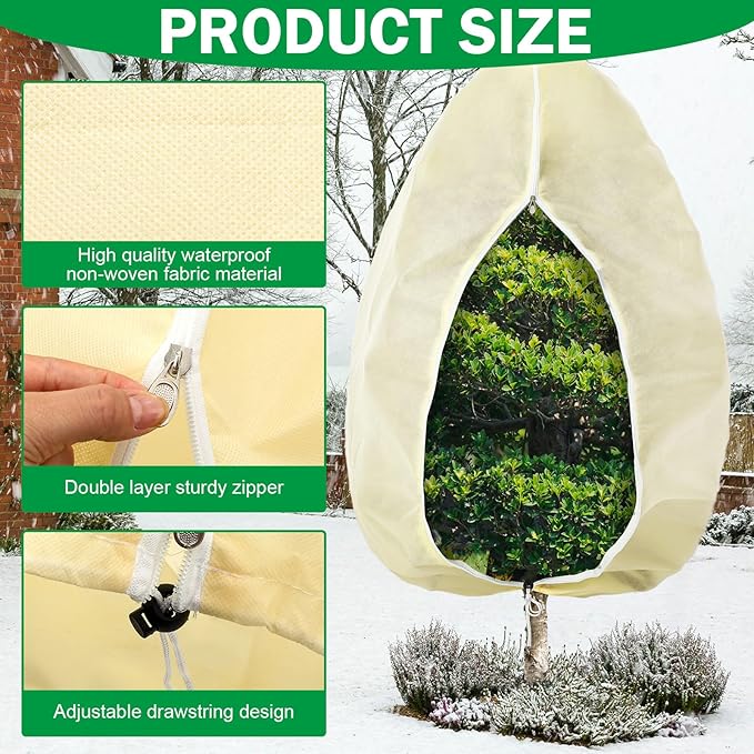 Vincreem 1 Pcs 10 x 10 ft Plant Covers Freeze Protection Extra Large Frost Cloth Plant Covers with Zipper Drawstring Winter Cold Weather Frost Blankets for Outdoor Palm Fruit Tree and Shrubs (Beige)
