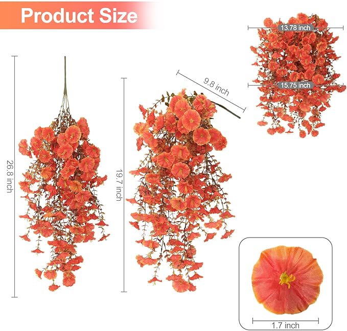 Fall Decor Artificial Flowers for Outdoor Decoration, 4Pcs Fake Hanging Flowers Morning Glory UV & Fading Resistant, Artificial Faux Plants for Home Patio Yard Garden Farmhouse Halloween