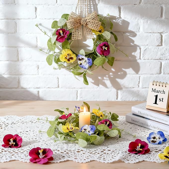 4 PCS Mini Spring Summer Kitchen Cabinet Wreaths Small Pansy Flowers Wreath for Front Door with Fern Branches Ribbon Small Flocked Lamb Ear Leaves Wreath for Indoor Outdoor Farmhouse Porch Wall Decor
