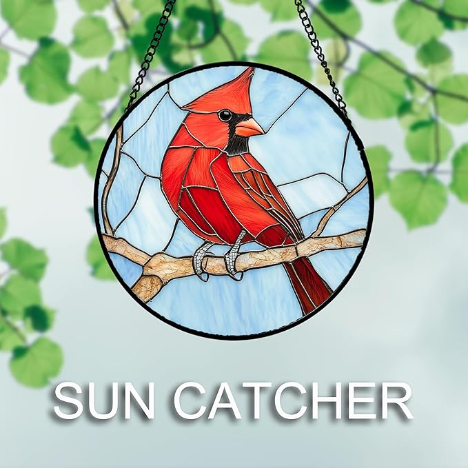 AMDERVEN Stained Glass Window Hanging 4 Pcs Set Cardinal Blue Birds 7.8" - Suncatcher Door Garden Sun Catcher Decor Birthday Mother's Day for Bird Lovers Men Woman Nana Friend