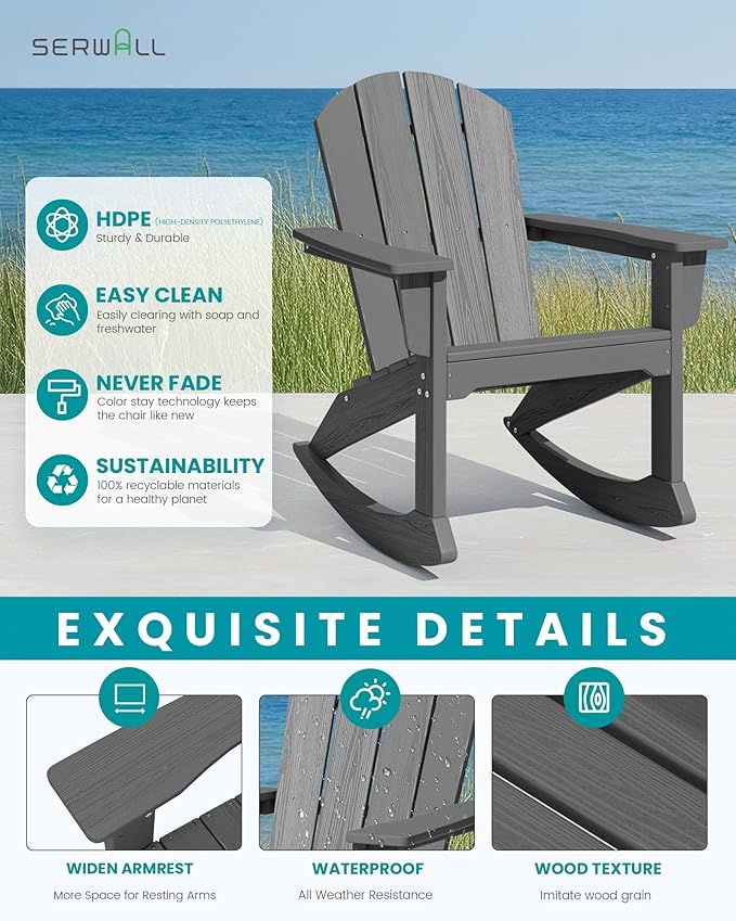 SERWALL Outdoor Adirondack Rocking Chair, All-Weather HDPE Porch Rocker Chair, Patio Adirondack Rocker Chair for Lawn Porch Deck, Grey