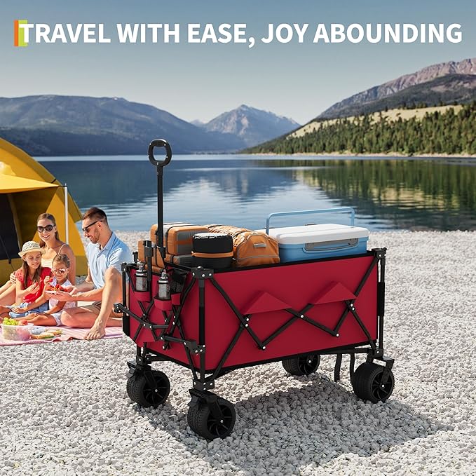 GarveeLife Heavy Duty Utility Beach Wagon Cart, Collapsible Wagon Beach with All Terrain Wheels, Extra Long WagonCart Foldable with Cup Holders for Sand