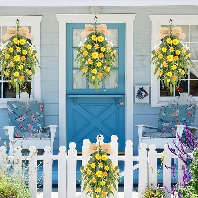 2 Pcs 24" Artificial Summer Flower Teardrop Swag for Front Door Spring Wreath Yellow Wild Daisy Swags Wreaths Floral Hanging Wreaths for Kitchen Cabinet Window Wall Wedding Party Home Decor