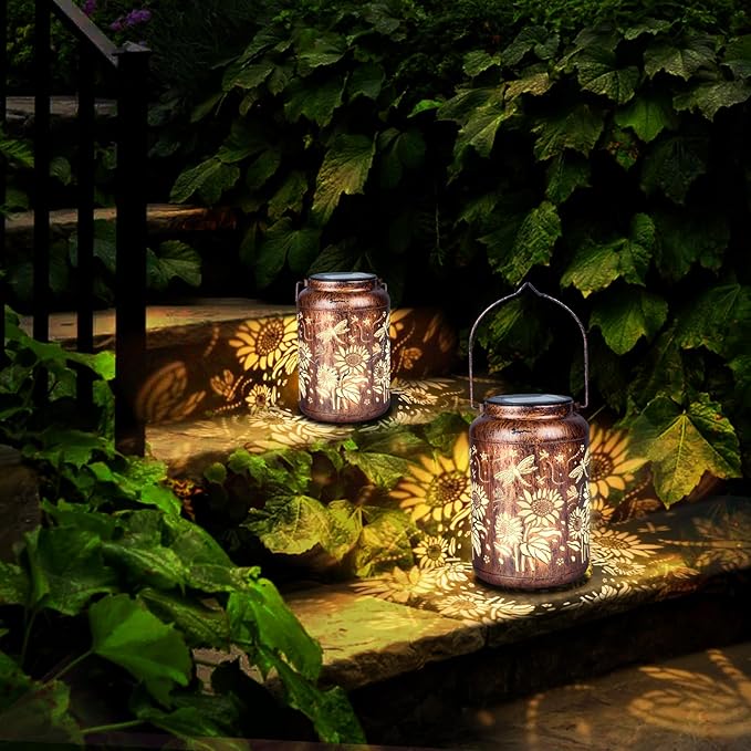 2 Pack Solar Light, Outdoor Lanterns for Patio Waterproof , Dragonfly Sunflower Outdoor Solar Lanterns for Porch, Yard, Deck, Lawn, Backyard, Patio, Tabletop, Pathway