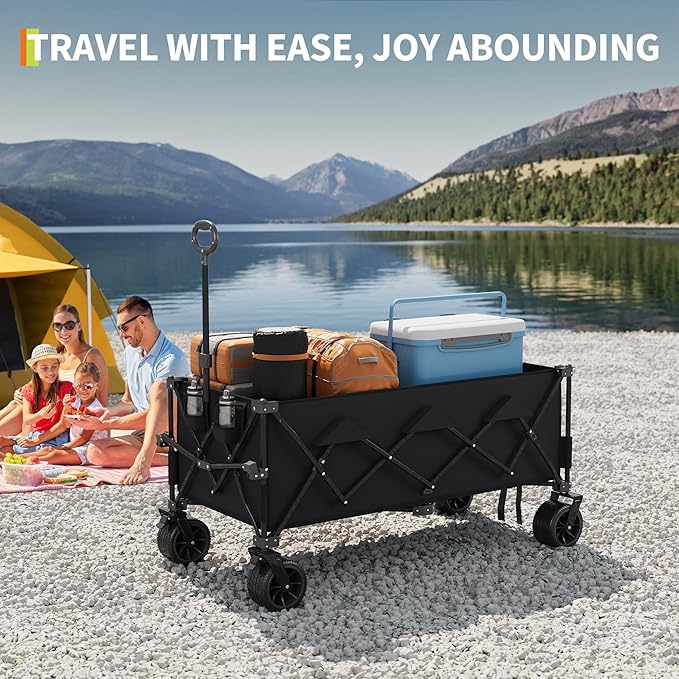 GarveeLife Heavy Duty Utility Beach Wagon Cart, Collapsible Wagon Beach with All Terrain Wheels, Extra Long WagonCart Foldable with Cup Holders for Sand