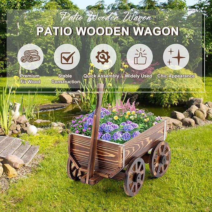 Wooden Wagon Flower Planter Cart Garden Planter Box with Wagon Wheels Cart for Home Garden Outdoor Balcony Decorative, Patio Flowers Herbs Vegetables, Brown 34 x 23.5(Small Classic)