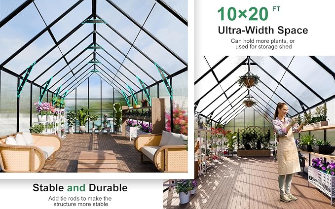 CDCASA 10x20 FT Greenhouse for Outdoors,Large Easy Assembly Polycarbonate Greenhouse Aluminum Greenhouses w/4 Vents Windows, Swing Door Walk-in Green House for Ouside,Backyard,Garden, Black