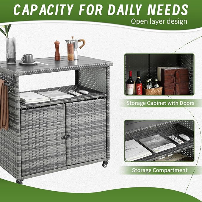 Outdoor Wicker Bar Cart, 35.20" Patio Wine Serving Cart with Plastic Wood Top, Rolling Beverage Bar Table with Wheels & Storage for Garden, Backyard & Poolside, Black