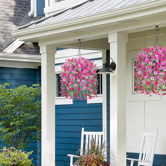 HyeFlora Artificial Hanging Flowers Basket for Outdoor, Fake Flowers Faux Plants Look Real for Yard Gardens Porch Patio Home (Purple+Hotpink)