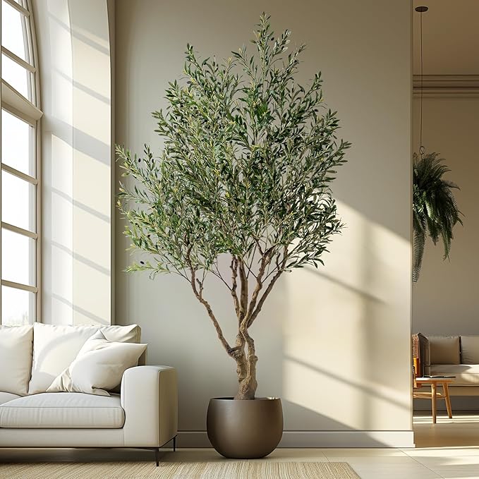 Erimda 7.5FT Artificial Olive Tree Tall Faux Silk Plant Tall Faux Olive Tree with Natural Wood Trunk & Lifelike Fruits Fake Potted Tree or Home Office Decor