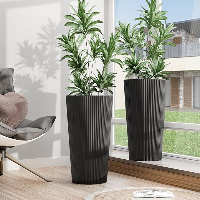 Diyfire Tall Outdoor Planter Front Porch Decor Set of 2-23.6" H Tall Planters for Outdoor Plants with Drainage Hole, Round Conical Design Flower Pots for Indoor/Patio/Garden, Black