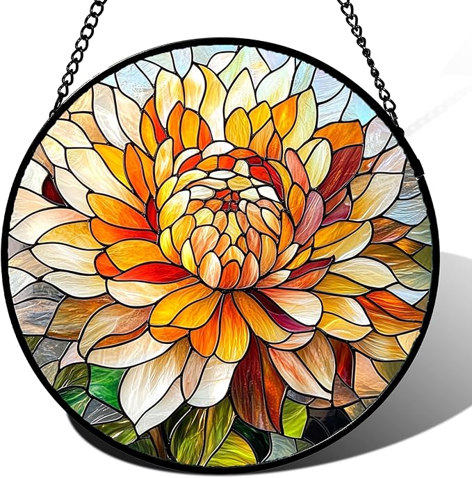 Stained Glass Window Hanging - Chrysanthemum Suncatcher for Doors Garden Patio Birth Flowers Sun Catchers Decor Christmas Mother's Day Birthday Gifts for Women Men Mom Nana Friend 9.8 in