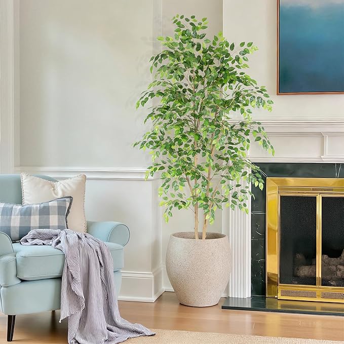 Tall UV Resistant Ficus Tree Artificial，6ft(72in) Faux Ficus Tree with Realistic Smooth and Shiny Leaves， Fake Trees Indoor Outdoor for Home Office Living Room Bedroom Foyer Porch Decor.