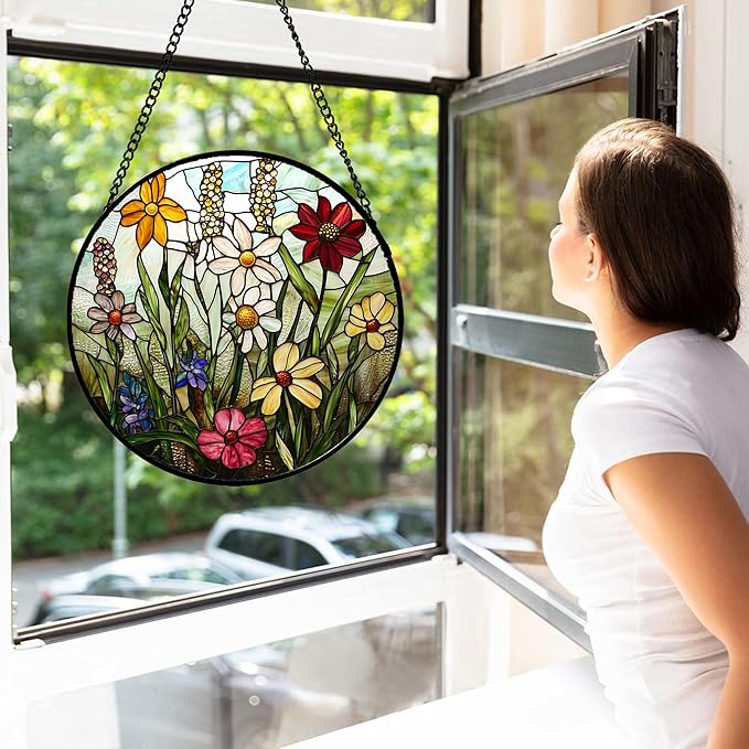 DASTOLL Stained Glass Window Hanging, Colorful Wildflowers Plant Scenery Suncatcher for Doors Window Home White Green Sun Catchers Decor Mother's Day Birthday Gifts for Women, Men Mom 15 in