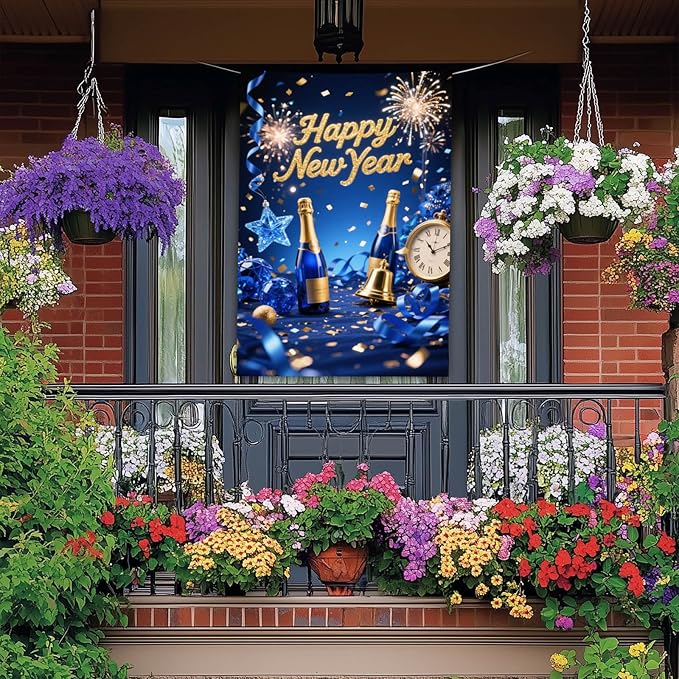 Happy New Year House Flag 28x40 Inch Double Sided Garden Flag Blue Champagne Clock and Fireworks Design Winter Holiday Yard Banner Large Outdoor Flag for Porch Lawn Home Decoration