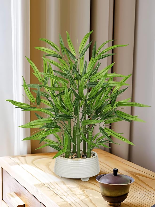 GnFlus Artificial Bamboo Tree Plant 19.6 inch Tall Potted Fake Bamboo Plant-Faux Tree in Ceramic Pot for Farmhouse Home, Office, Kitchen, Counter Top, Indoor Decor, Money Tree, Lucky Plant