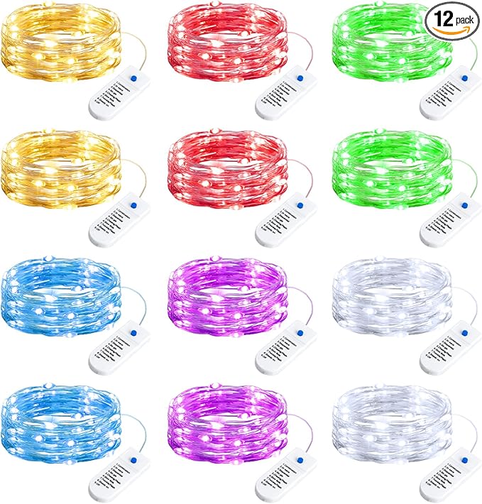 Minetom 12 Pack Fairy Lights Battery Operated String Lights 8 Modes, 7ft 20LED 6 Colors Waterproof Silver Wire Twinkle Lights, Firefly Starry Moon Lights for Mason Jars DIY Christmas Wedding Party