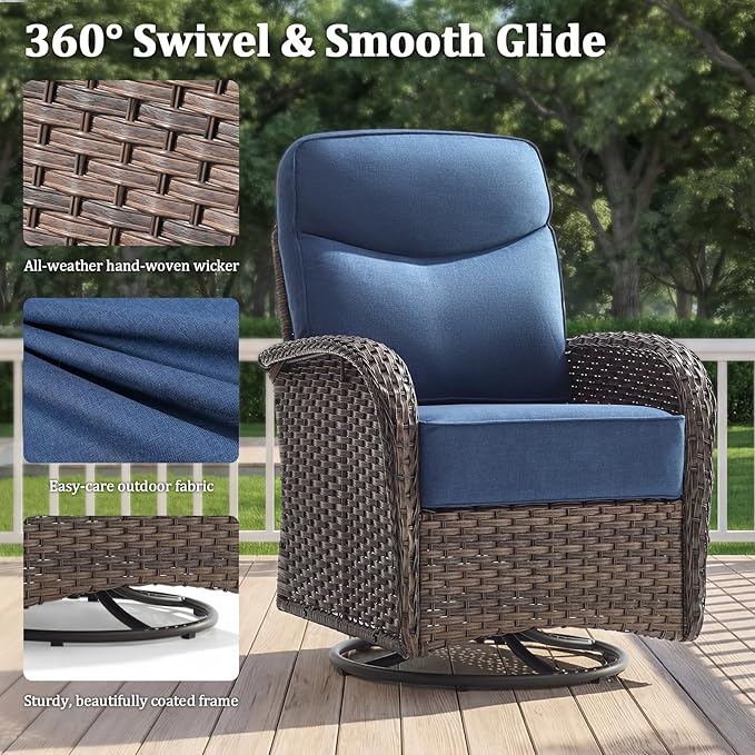 Outdoor Swivel Rocking Chair Patio Set (9pcs) High-Back - Thick Cushion Swivel Rocking Chair Patio with Fire Table Set, All-Weather Wicker Patio Furniture Set, Suitable for Balcony Patios, Brown/Blue