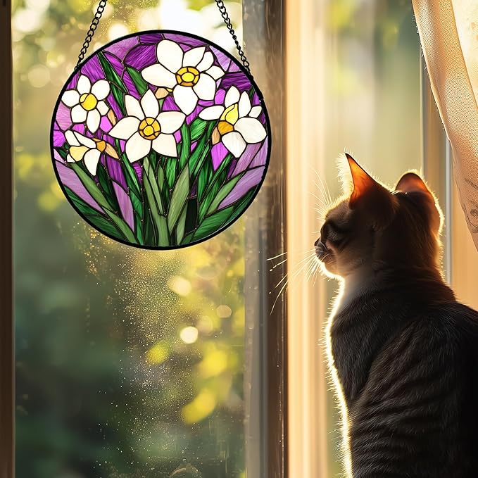 AMDERVEN Stained Glass Window Hanging 4 Pcs Set Tulips Plum Flower Daffodils Hyacinths 9.8" - Suncatcher Door Garden Sun Catcher Decor Birthday Mother's Day for Mom Woman Nana