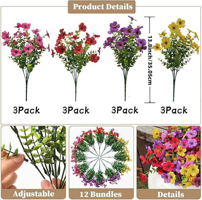 XccJLYB Artificial Flowers Outdoor UV Resistant Fake Plants, 12 Bundles Silk Daisy in Pots for Porch Patio Garden, Faux Potted Home Decor for Outside (Mix Pink, Red, Purple, Yellow)