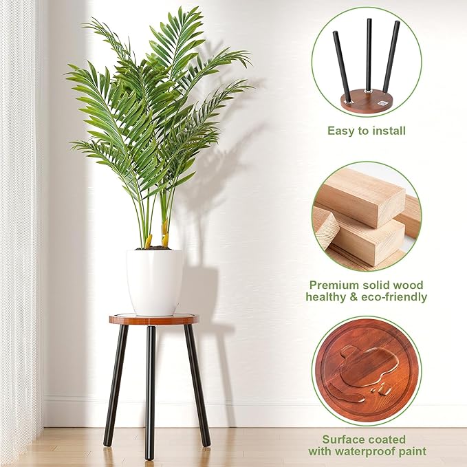Vecxoty Wood Plant Stands Indoor, 16.7" Tall Plant Stand Outdoor Mid-Century Plant Stool, Single Plant Table Modern Small Round Side/End Table for Living Room, Balcony, Office (Brown)