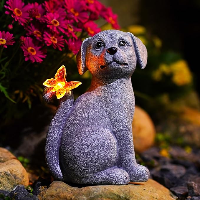 Nacome Solar Dog Outdoor Statues for Garden: Outside Decor with Butterfly Clearance for Yard Art Lawn Ornaments Patio Balcony Home House for Grandma Mom Women