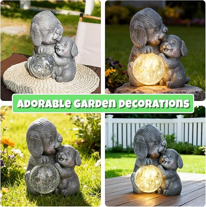 Komothala Solar Garden Statue Light, Outdoor Puppy Figurine with Solar Light for Patio, Lawn, Yard, Housewarming Birthday Gifts for Dad, Mom, Grandma,Women (Grey Dog)