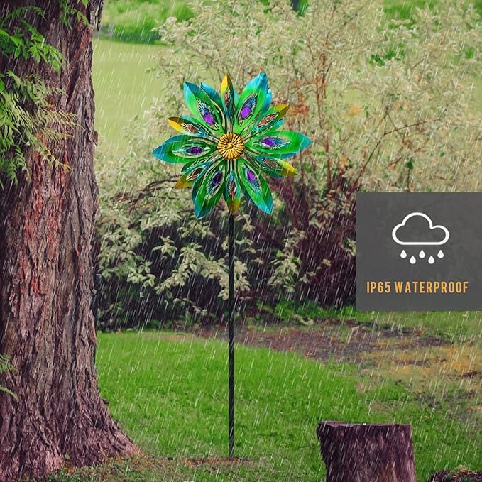 VEWOSTAR 53 Inch Wind Spinner - Outdoor Metal Peacock Wind Sculptures for Garden, Patio, Yard, Lawn Decorations Double Windmill Spinner