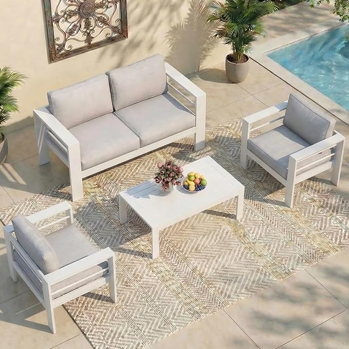 Wisteria Lane Aluminum Patio Furniture Set for All Weather, Oversized Metal Outdoor Furniture Set with 27.5" Deep Seat and 10" Back Cushion, Patio Conversation Sets with Wide armrest, White