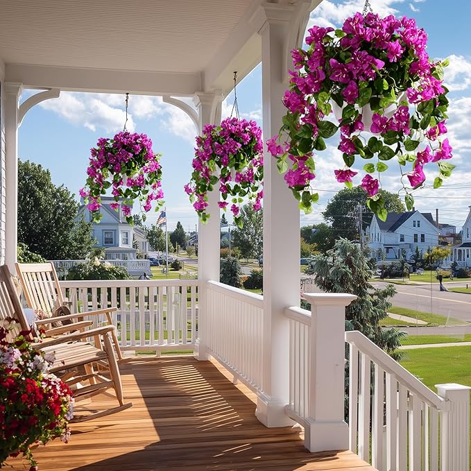 Bougainvillea Artificial Hanging Flowers for Outdoor 3 Pcs Faux Bougainvillea Flowers Fake Hanging Plants Silk Flowers Long Trailing Vines for Front Door Porch Planter Patio Balcony (Dark Purple)