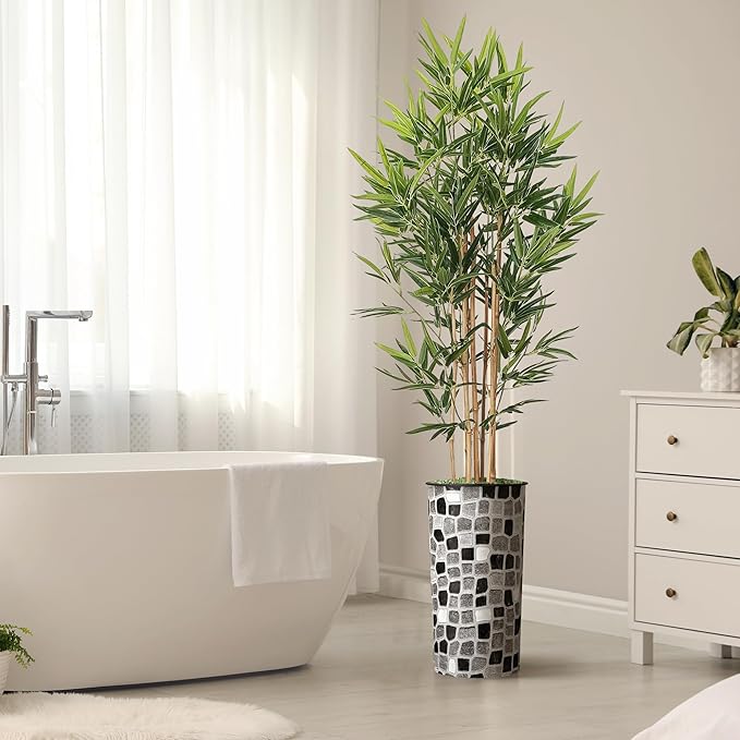 Artificial Tree in Modern Geometric Pattern Planter, Fake Bamboo Silk TRE for Indoor and Outdoor Home Decoration - 70" Overall Tall (Plant Pot Plus Tree)