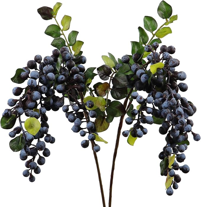 Rinlong 2Pcs Artificial Blueberries Fake Berries Stems Hanging Spray Frosted Blueberry Fall Floral Picks for Wreath Thanksgiving Decoration