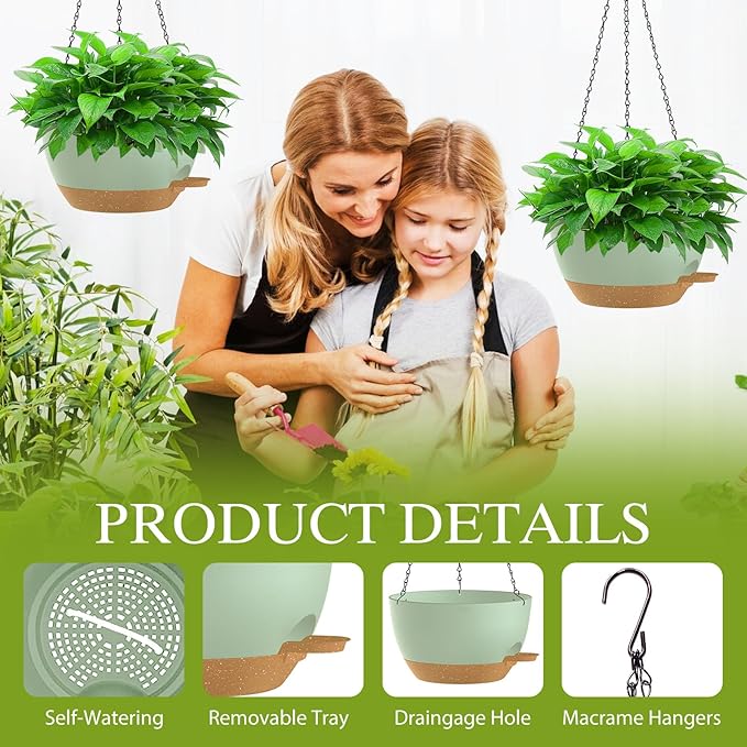 SQKH 10 Inch Hanging Baskets 2 PC with Chains, Self-Watering Hanging Planters for Indoor Outdoor Plants, Plastic Hanging Flower Pots,Green Brown
