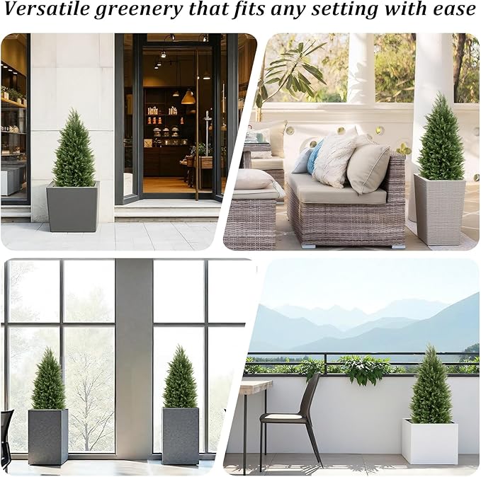 Azoco 3ft Faux Cedar Topiary Trees Artificial Outdoor, Set of 2 – UV Resistant Large Fake Potted Plants for Front Porch Outside Planter Christmas Decor 3 Feet Tall