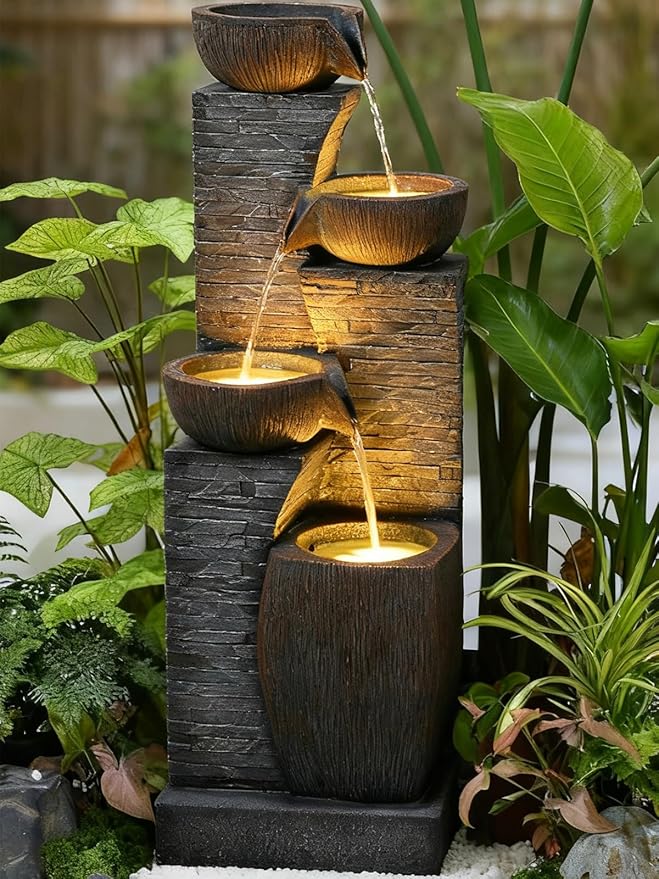 38.2" Tall Outdoor Water Fountain,Stone Texture Modern 4 Tiers Cascading Bowls Garden Fountains Outdoor,Suit for Patio, Deck, Porch, Lawns, Backyard and Home Art Decor