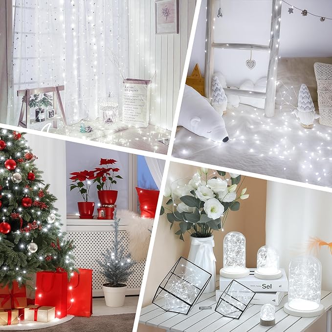 Lakumu 33FT 100LED String Twinkle Lights Rechargeable, White Fairy Lights Battery Operated with Timer & 8 Modes, Outdoor Indoor for Bedroom, Dorm, Christmas Decoration, Parties, Wedding, Centerpiece