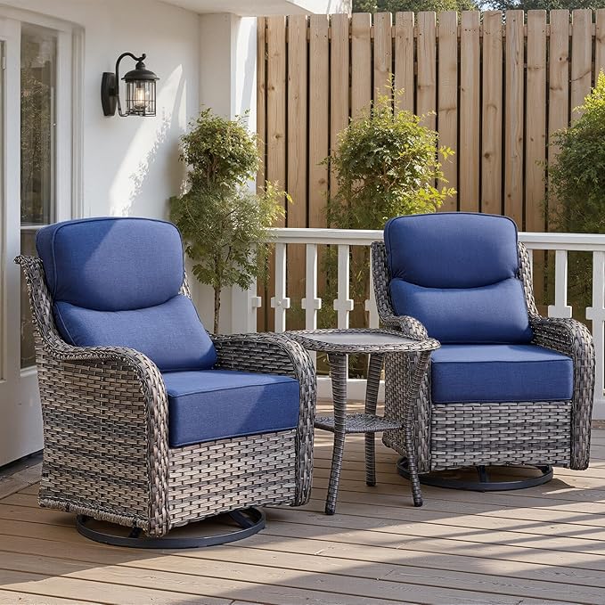 Belord Luxury 6" Thick Cushioned Outdoor Swivel Rocker Patio Chairs with Side Table, High Back Wicker Furniture Set with Ergonomic Zone Back, Conversation Glider Set for Deck Porch - Grey+Blue