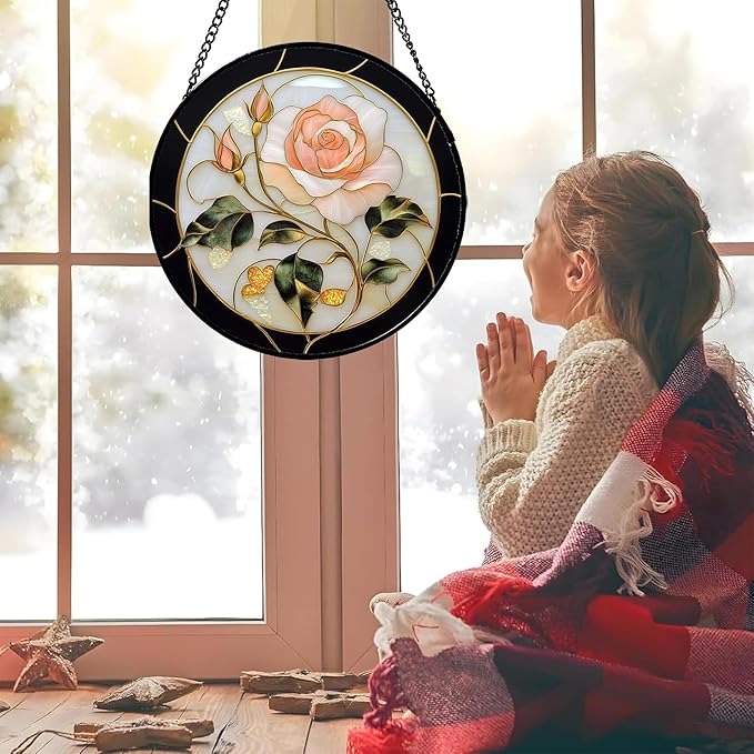 AMDERVEN Stained Glass Window Hanging - Black White Pink Rose Sun Catcher for Door Home Decor Flower Suncatcher Christmas Mother's Day Birthday Gifts for Women Men Lovers Mom Nana 6.3 in