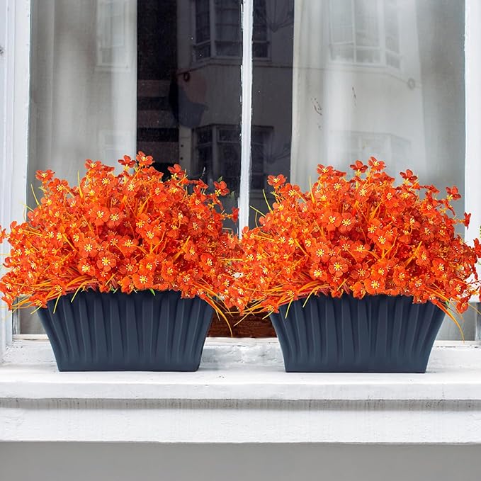 Grunyia 20 Bundles Artificial Fall Flowers Outdoor,No Fade Fake Plastic Flowers,Faux Autumn Plants for Indoor Outside Garden Porch Window Box Home Wedding (Fall Orange)