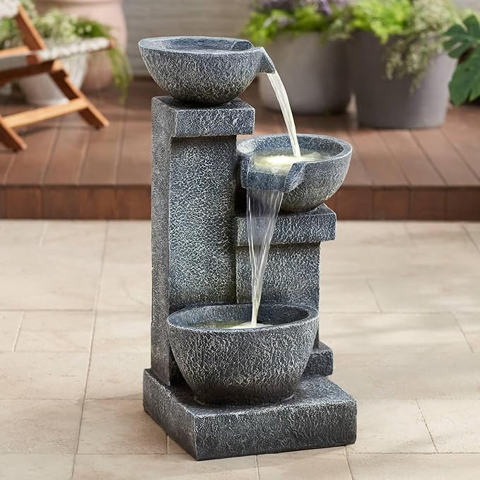Three Bowls 32 1/4" High Large Modern Indoor Outdoor Decor Gray Faux Stone Floor Fountain with Light LED Waterfall Cascading Water Feature for Outside Garden Patio Yard Backyard - John Timberland