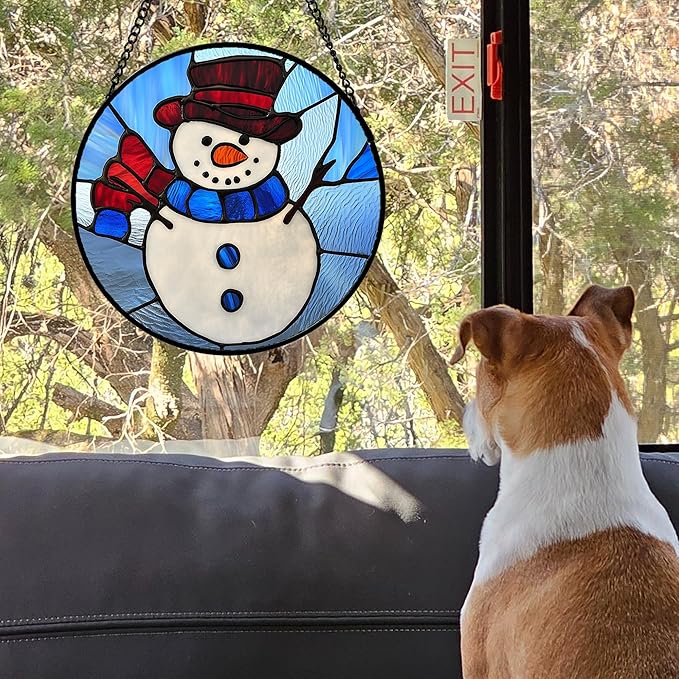 AMDERVEN Stained Glass Window Hanging 4 Pcs Set Blue White Christmas Snowman Snowflake 9.8" - Suncatcher Door Garden Sun Catcher Decor Birthday Mother's Day Xmas Gifts for Mom Woman Nana Men