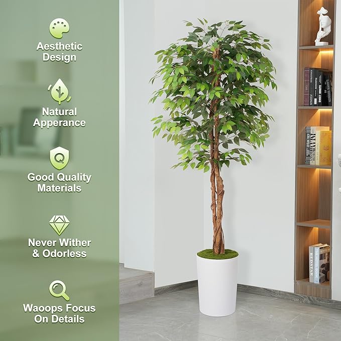 Waoops 7Ft Artificial Ficus Tree in Large Tall Planter - Faux Indoor Plant with Realistic Wood Trunk - Large Tall Fake Plant for Home, Office, Living Room, Patio Decoration