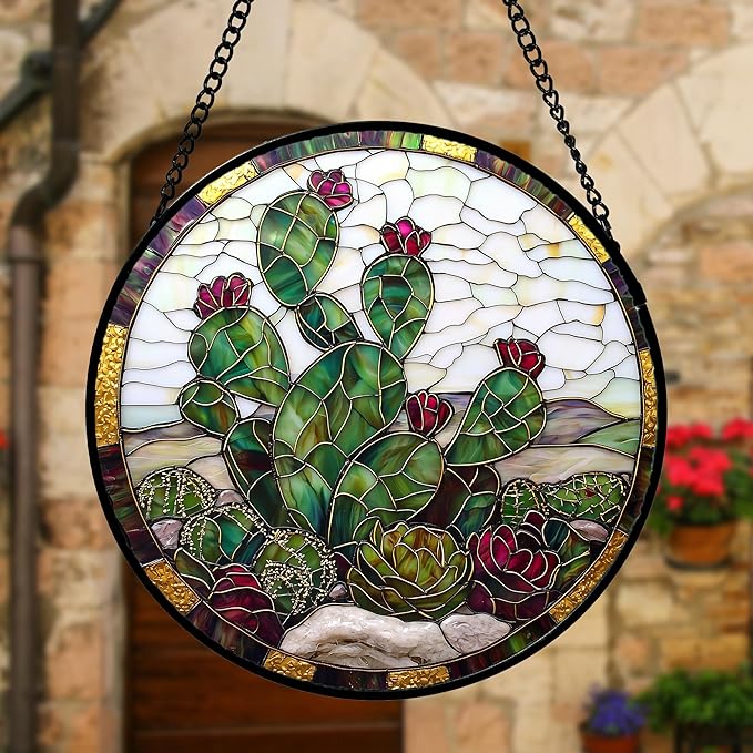 Stained Glass Window Hanging,Green Cactus Purple Flowers Suncatcher Diamond Glass Panel Sun Catchers Decor for Birthday for Women, Men, Wife, Aunt, and Mom 9.8 in