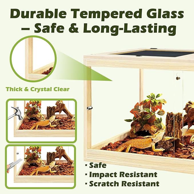 Prolee Tempered Glass Bearded Dragon Tank,Reptile Encloure and Snake Tank with Metal Mesh Roof Door,Locking Design Reptile Tank for Lizard,Gecko,Chameleon (Oak, 81 Gallon (48x20x20) Inch)