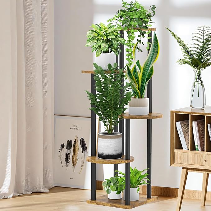 YOCOMEY 5 Tier Wood Tall Plant Stand Metal Rack Indoor, Multiple Flower Pot Holder Shelves Corner Rack, Round Planter Shelf Display Rack Storage Organizer for Patio Living Room Balcony(Black)