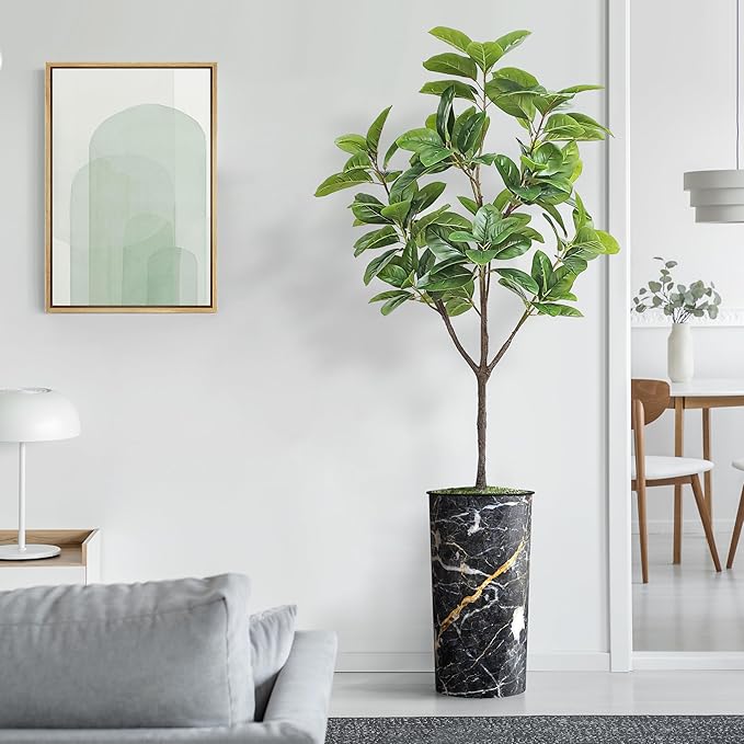 Artificial Tree in Modern Granite Effect Planter, Fake Magnolia Tree for Indoor and Outdoor Home Decoration - 70" Overall Tall (Plant Pot Plus Tree)