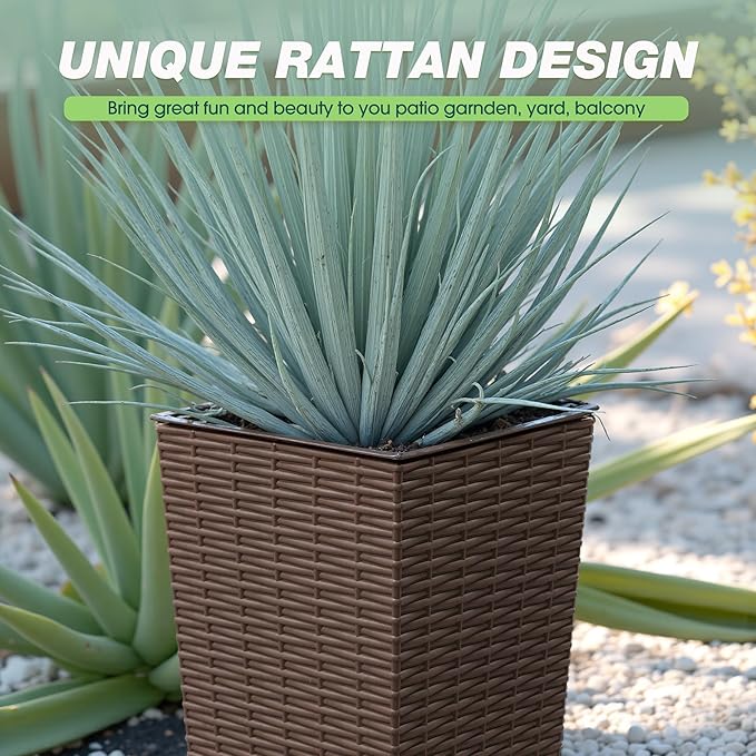 Flamaker Set of 2 Resin Rattan Planters with Tray for Indoor Outdoor, 24'' Tall Flower Pots with Drainage Holes&Inner Pot, Tapered Planters for Garden, Patio, Porch (Brown, Small)