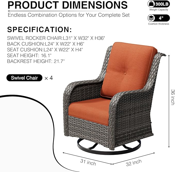 Joyside 4 Piece Outdoor Swivel Rocker Patio Chairs, Wicker Patio Furniture with High Back, Deep Seating, Wide Armrest, Thickened Cushions, Outdoor Rattan Furniture for Deck, Porch Use