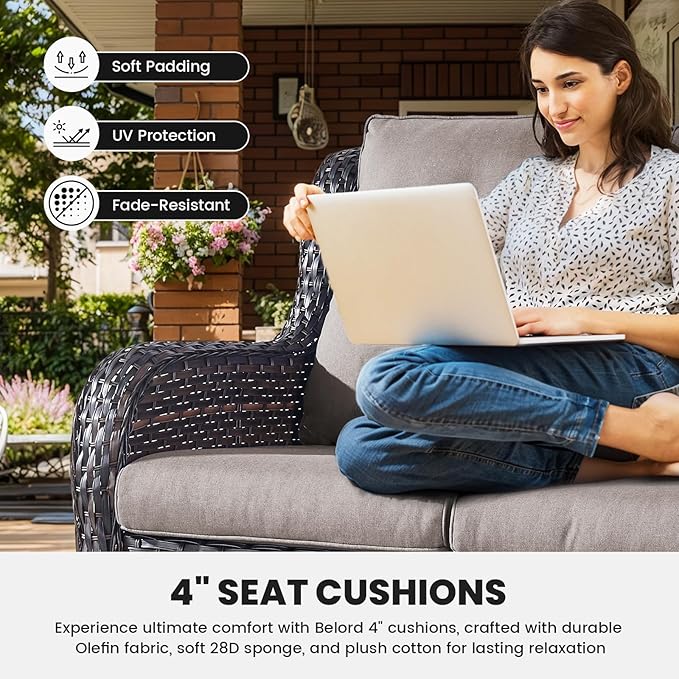 Belord Wicker Furniture 4 Pieces Outdoor Patio Furniture Set Patio Loveseat Sofa Set with Wicker Chairs and Coffee Table, Paito Conversation Set for Porch Garden Deck Balcony Poolside