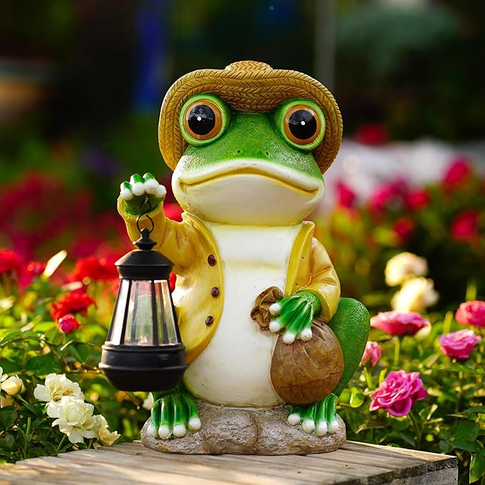 Pohabery Large Frog Garden Statue, 13.3 Inches Tall, Resin Frog Decor with Solar Lantern for Outdoor Decoration and Housewarming